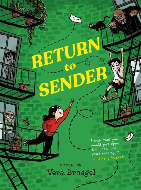 "RETURN to SENDER" in Gelb auf grünem Hintergrund. Cartoonfiguren auf Balkonen, ein Junge schwingt sich herab.