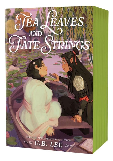 "TEA LEAVES AND FATE STRINGS" von C.B. Lee. Illustration zweier Figuren in einem Boot auf einem See mit Seerosen.