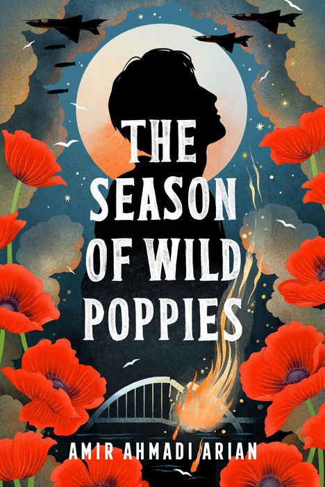 „The Season of Wild Poppies“; Silhouette eines Kopfs, roter Mohn, brennende Brücke und fliegende Kampfjets; illustrative Gestaltung.