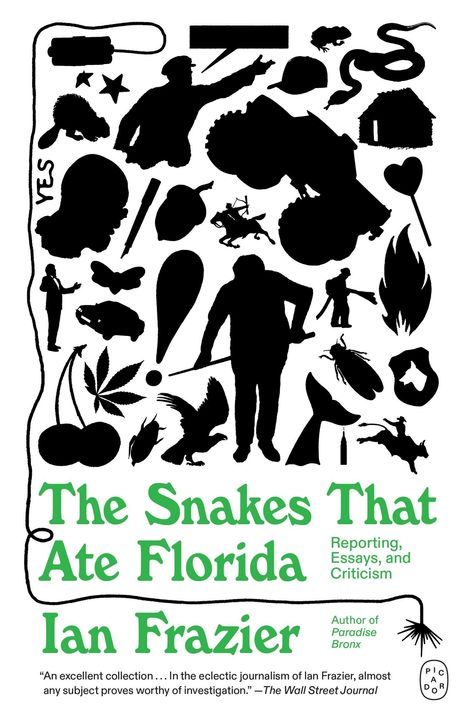 "The Snakes That Ate Florida", Ian Frazier. Silhouetten von Figuren, Tieren und Gegenständen in Schwarz auf Weiß.