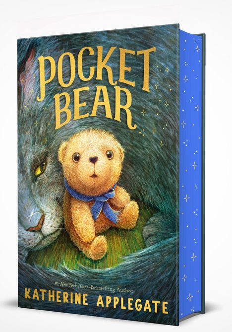 Text: "POCKET BEAR" und "KATHERINE APPLEGATE". Illustration eines Teddybären mit Schal vor einer großen Katze.
