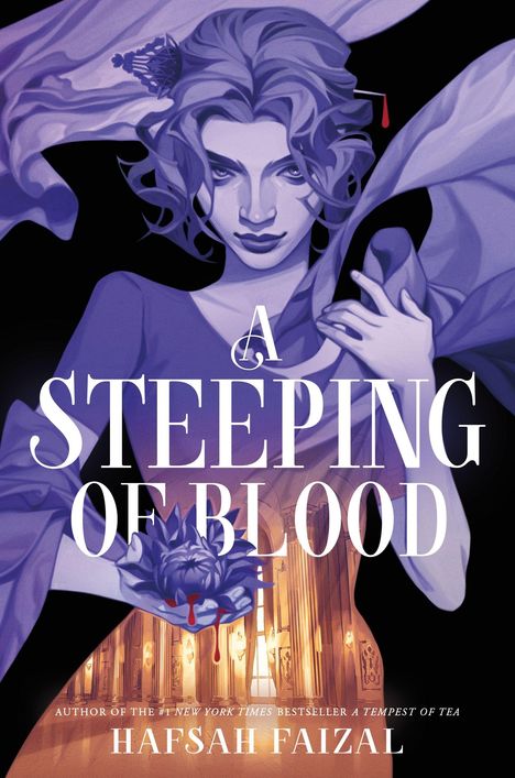 „A Steeping of Blood“ von Hafsah Faizal, Illustration einer Frau mit blauen Tuch und Blumenblüte, Bluttropfen.