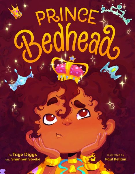 "Prince Bedhead" und Autorenname oben; ein Kind mit lockigem Haar und Krone, umgeben von funkelnden Sternen.