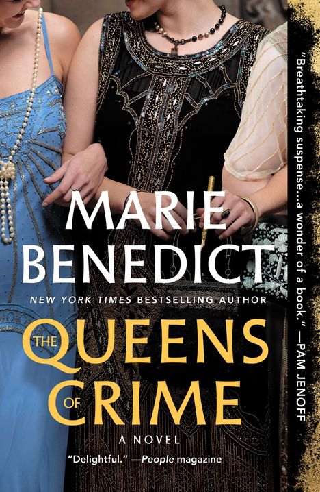 Text: "Marie Benedict, The Queens of Crime". Zwei Frauen in eleganten Kleidern mit Perlenketten und Glasperlen.