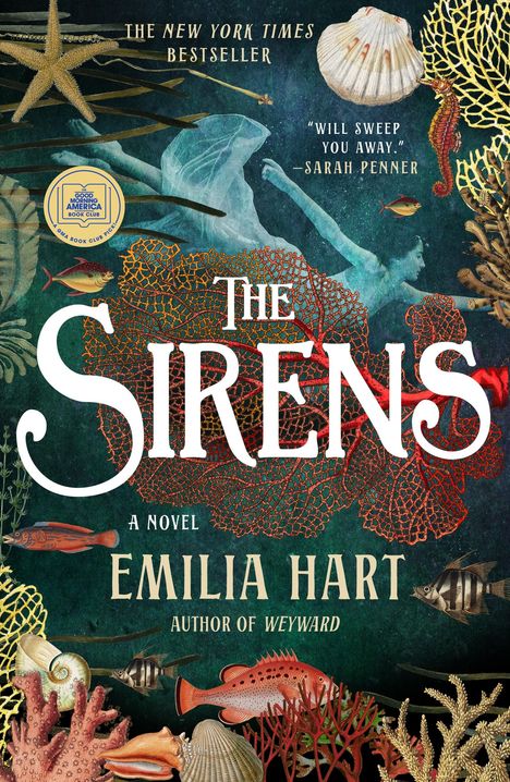 "The New York Times Bestseller", "Will sweep you away" - Sarah Penner. "The Sirens", ein Roman von Emilia Hart. Aquarell-Illustration mit Meeresmotiven.