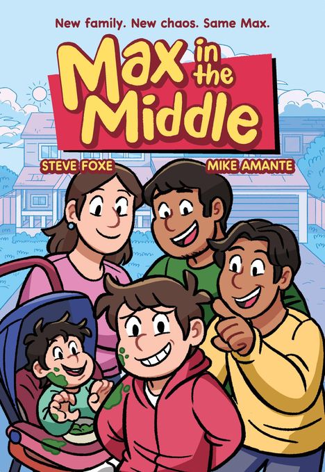 „New family. New chaos. Same Max. Max in the Middle.“ Cartoon-Stil, zeigt eine fröhliche Familie und ein Kleinkind im Buggy.