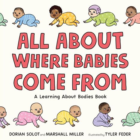„ALL ABOUT WHERE BABIES COME FROM“, Babys in bunten Stramplern krabbeln lächelnd.