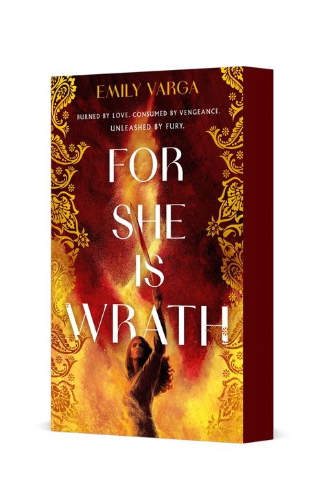 Titel: FOR SHE IS WRATH. Emma Varga. Frau mit erhobenem Arm vor feurigem Hintergrund und goldenen Ornamenten.