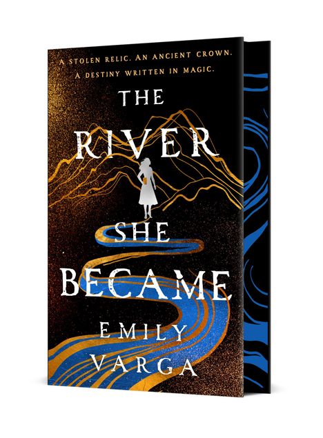 „The River She Became“ von Emily Varga; Silhouette einer Figur auf blauem, geschwungenem Pfad vor goldener Landschaft.