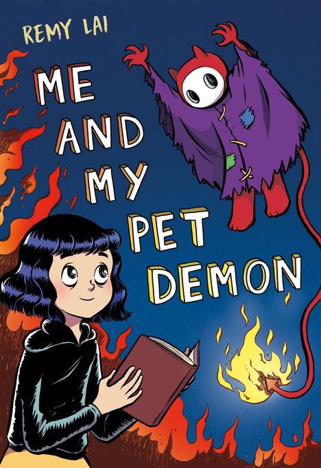 Text: "Remy Lai", "Me and My Pet Demon". Illustration: Ein Kind hält ein Buch, ein kleiner Dämon in lila Umhang fliegt.