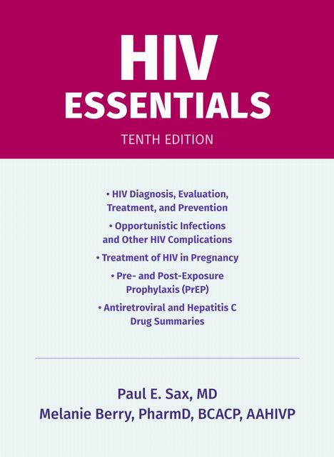 Titel: HIV Essentials, Tenth Edition. Autoren: Paul E. Sax, MD; Melanie Berry, PharmD. Magenta Hintergrund, weißer Text.