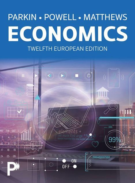 Text: "PARKIN · POWELL · MATTHEWS ECONOMICS TWELFTH EUROPEAN EDITION". Moderne Symbole und ein Laptop in Büroumgebung.