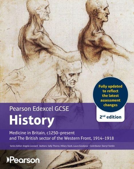 Text auf lila Hintergrund: "Pearson Edexcel GCSE History". Zeichnungen von Muskelstudien eines männlichen Oberkörpers.
