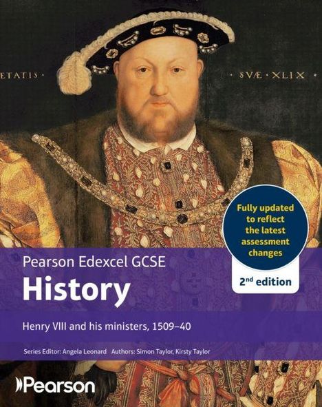 "Pearson Edexcel GCSE History" steht in großer Schrift. Gemälde von Henry VIII. Blauer Kreis: "Fully updated...".