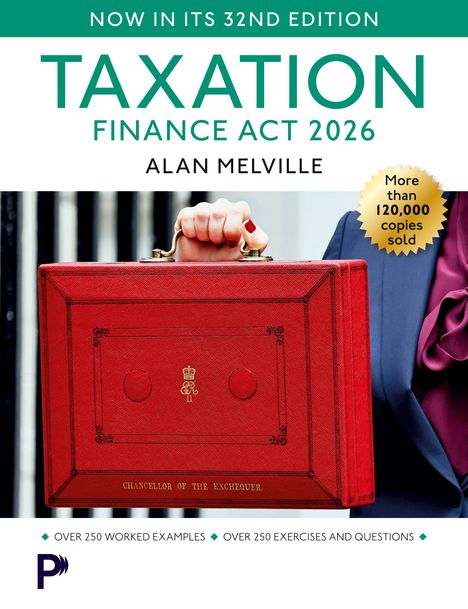 "Now in its 32nd Edition. TAXATION FINANCE ACT 2026. ALAN MELVILLE. Rote Box mit Hand und goldener Plakette."