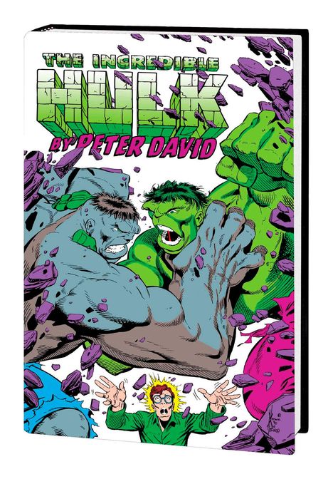 "The Incredible Hulk by Peter David"; Comicstil-Illustration mit zwei kämpfenden Hulk-Figuren und einer schockierten Person.