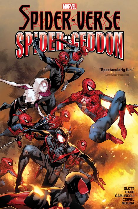 „Spider-Verse Spider-Geddon“. Comic mit mehreren Spider-Man-Charakteren in dynamischen Posen und feuriger Kulisse.