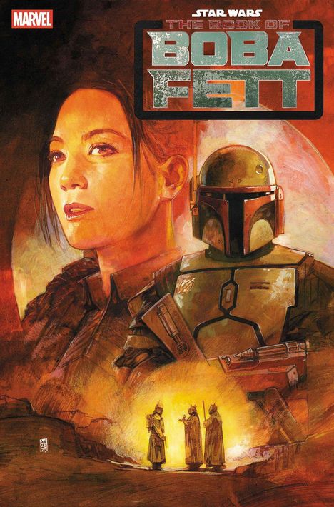 „Star Wars: The Book of Boba Fett“ über großer Porträtmarke. Darunter Frau und Boba Fett in Rüstung. Unten drei Gestalten.