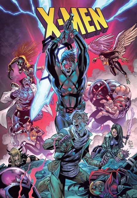 Comic-Illustration mit "X-MEN" in gelber Schrift. Helden in actionreichen Posen, manche fliegend, eine hält ein Schwert.