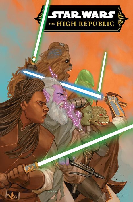 "Star Wars: The High Republic." Illustration von Figuren mit Lichtschwertern in dynamischen Posen vor orangefarbenem Hintergrund.