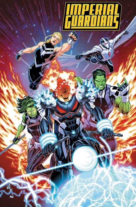 "IMPERIAL GUARDIANS" oben, darunter fünf Superhelden in Aktion. Eine Figur auf einem Motorrad, Flammen und Energieeffekte.