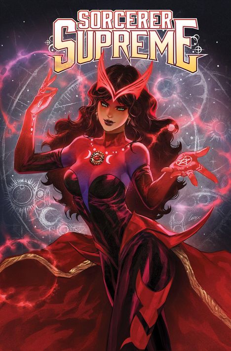 Text: "SORCERER SUPREME". Farbige Illustration einer Frau in Rot mit magischen Symbolen und Licht.