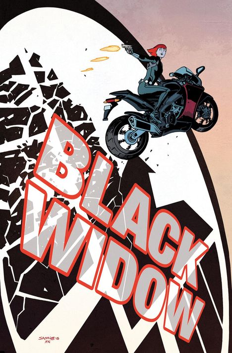 Text: "BLACK WIDOW". Eine Frau auf einem Motorrad springt und schießt, vor einem zersplitternden Hintergrund. Illustration.
