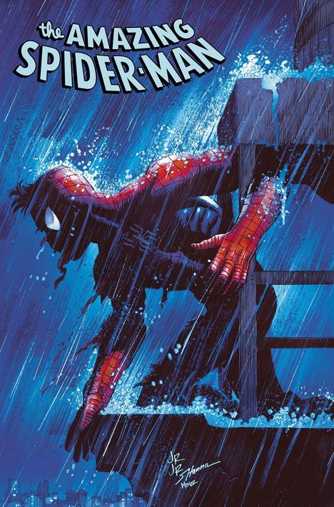 "The Amazing Spider-Man" steht oben, darunter klettert Spider-Man bei Regen eine Leiter hoch.