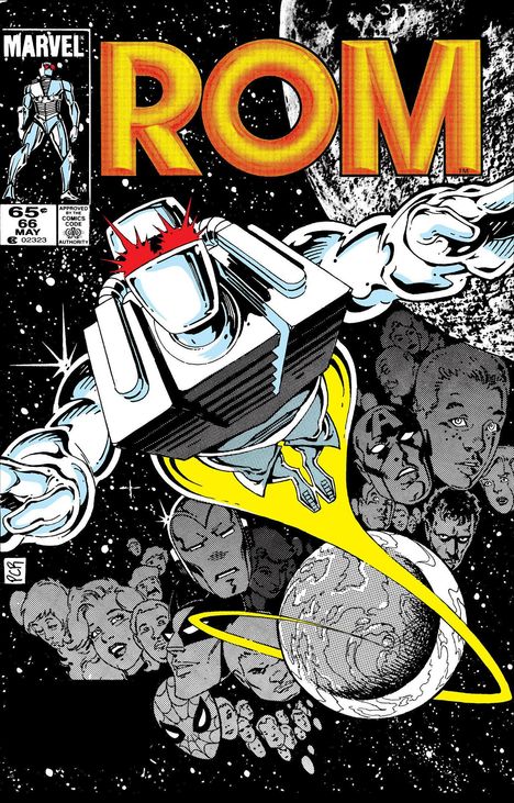 "ROM" in großen roten Buchstaben. Ein Roboter schwebt im Weltraum, umgeben von Gesichtern bekannter Comicfiguren.