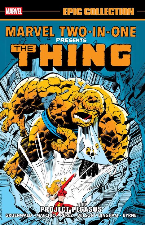 Logo: Marvel. Text: Marvel Two-in-One Presents The Thing. Darunter eine orange-blaue Figur in Aktion mit zerstörtem Hintergrund.