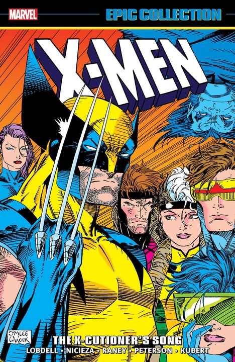 "X-Men" in großen Buchstaben. "THE X-CUTIONER'S SONG". Comic-Illustration mit Wolverine und weiteren Helden.