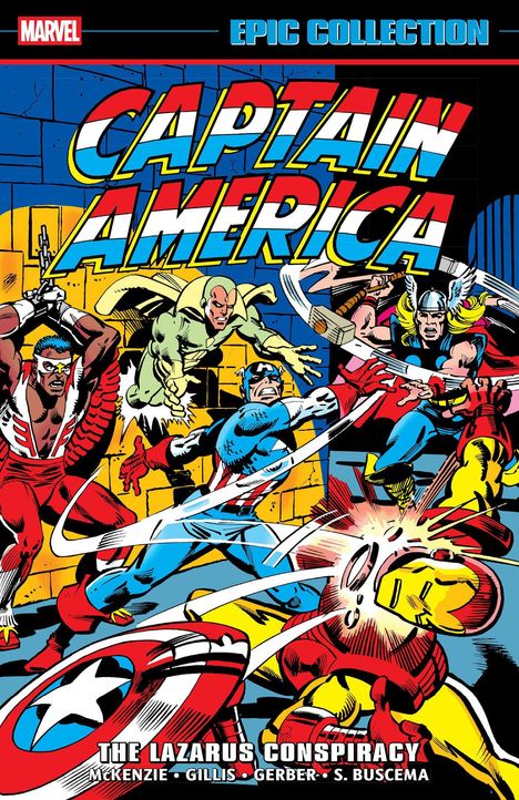 "EPIC COLLECTION: CAPTAIN AMERICA: THE LAZARUS CONSPIRACY." Superhelden kämpfen in einer dynamischen Szene.