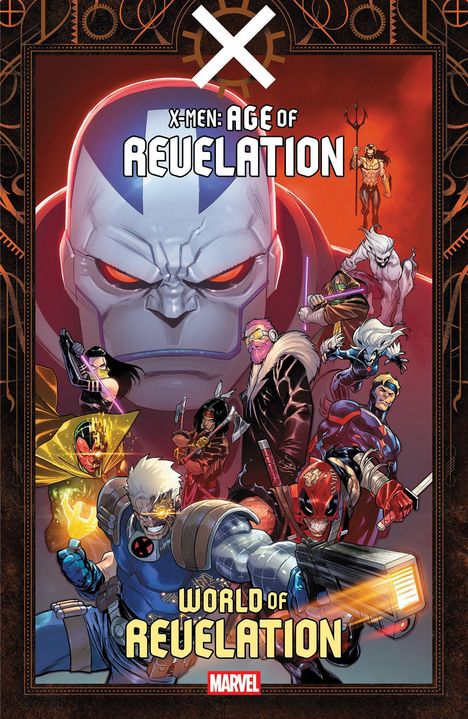 "X-MEN: AGE OF REVELATION" und "WORLD OF REVELATION". Illustration mit mehreren bunten Superhelden und einem großen Gesicht.