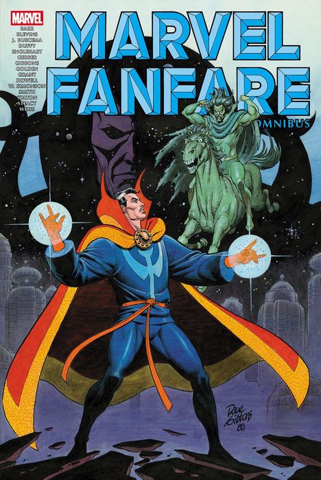 "MARVEL FANFARE" und "OMNIBUS" in großen blauen Buchstaben. Illustration: Magier mit rotem Umhang und Mann auf Pferd im Weltraum.