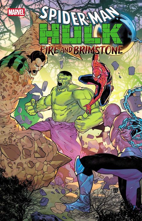 "Spider-Man Hulk Fire and Brimstone" in großen Buchstaben. Illustration: Hulk, Spider-Man im Kampf gegen Gegner.