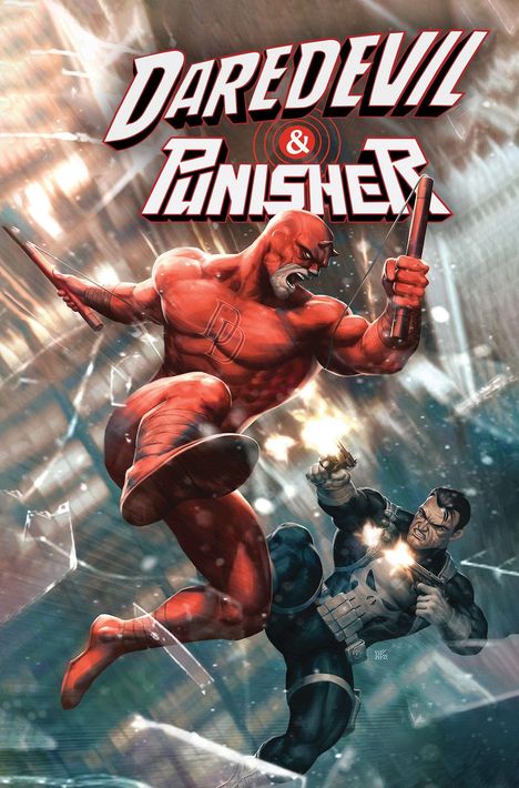 "Daredevil & Punisher" steht oben. In einer dynamischen Illustration kämpft ein roter Held mit einem dunkel gekleideten Mann.