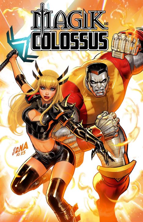 „MAGIK and COLOSSUS“. Darunter eine blonde Frau und ein starker Mann, beide in dynamischer Pose, umgeben von Licht.