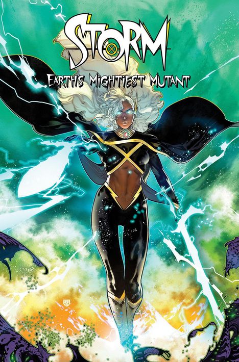 „Storm: Earth's Mightiest Mutant“. Eine Frau in einem schwarzen Outfit mit weißen Haaren steht in einer stürmischen Umgebung.