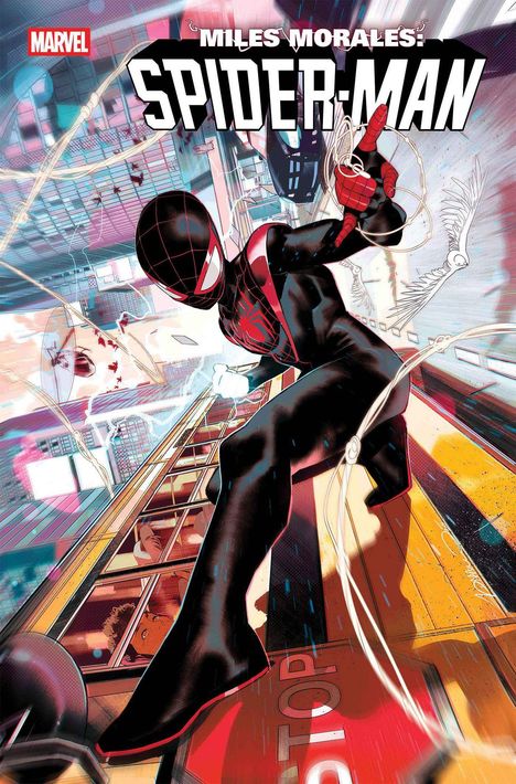 "Miles Morales: Spider-Man" steht oben. Illustration zeigt Spider-Man in schwarzem Anzug, schwingend durch eine Stadt.