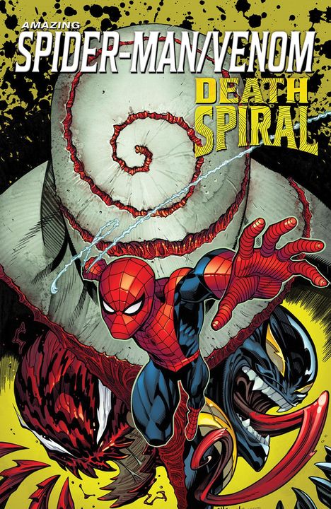 Text: AMAZING SPIDER-MAN/VENOM DEATH SPIRAL. Illustration mit Spider-Man und zwei monströsen Wesen.