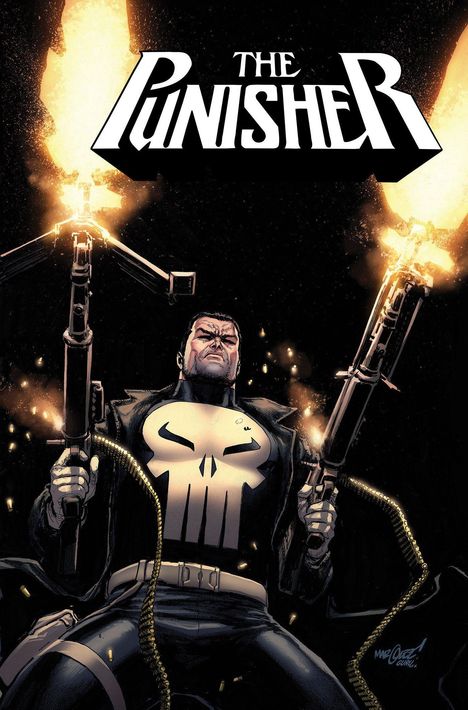 Text: "The Punisher." Illustration von einem kräftigen Mann mit Totenkopf-Logo, hält zwei feuerspeiende Waffen.