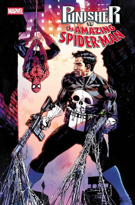 "Punisher vs. the Amazing Spider-Man" in großen Buchstaben. Ein maskierter Mann hängt kopfüber. Ein anderer Mann steht mit Gewehr.