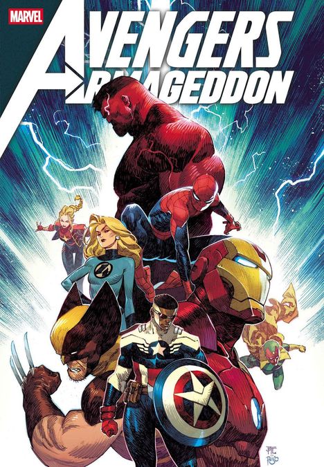 "Avengers Armageddon" in großen Buchstaben. Illustration von Superhelden in dynamischen Posen mit Blitzen im Hintergrund.