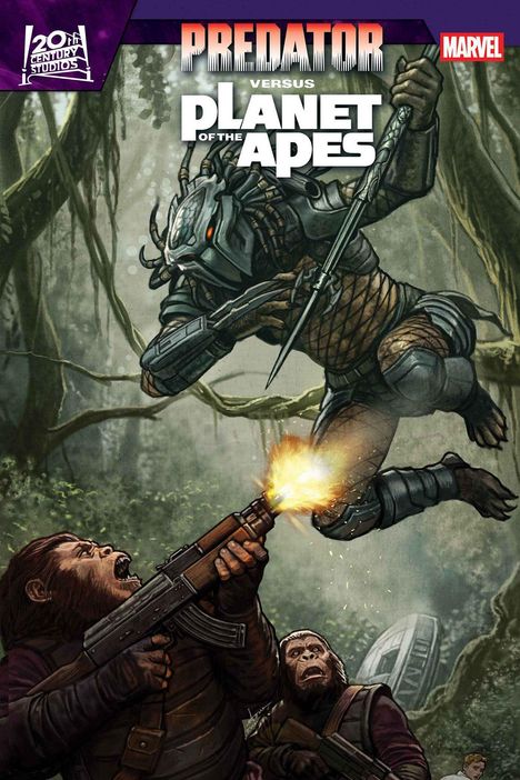 Text: "Predator versus Planet of the Apes". Ein Predator kämpft im Dschungel gegen bewaffnete Affen. Marvel und 20th Century Studios Logos.