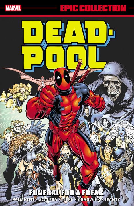 Text: "DEADPOOL" in großen gelben Buchstaben. Darstellung einer Comic-Figur in rotem Kostüm mit Schwertern, umgeben von anderen Helden.