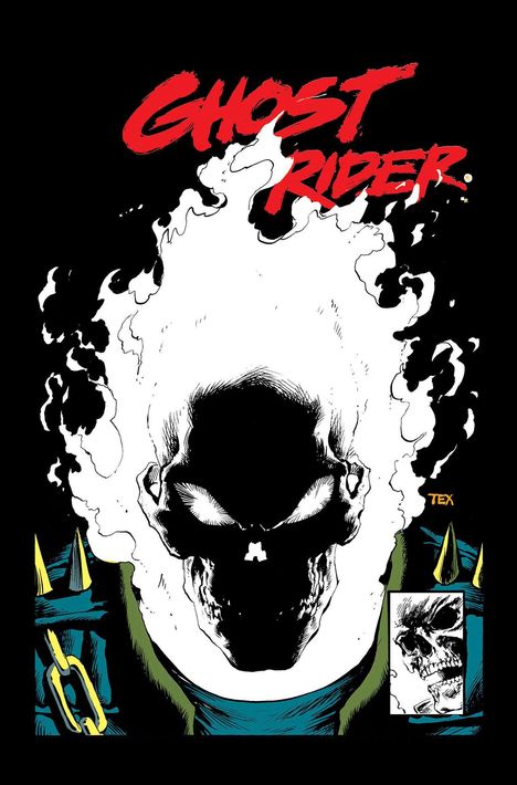 Text: "Ghost Rider" in roter, dynamischer Schrift. Illustration eines brennenden Schädels mit Stacheln und Kette auf schwarzem Hintergrund.