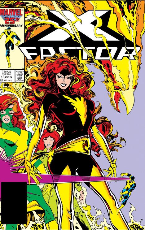 "X-FACTOR" über eine lebhafte Illustration mit Charakteren in bunten Kostümen und einem dynamischen, feurigen Hintergrund.