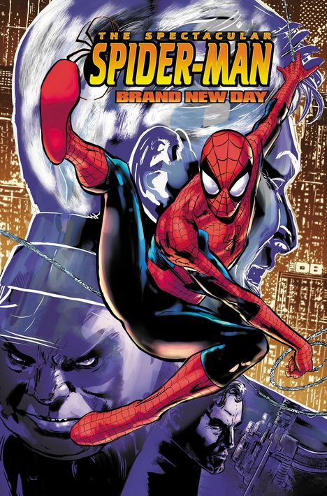 „The Spectacular Spider-Man: Brand New Day“ in gelber und oranger Schrift. Spider-Man schwingt dynamisch im Vordergrund.