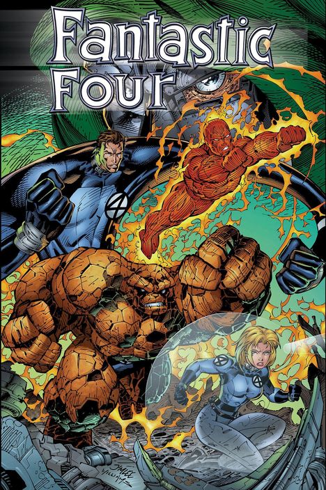 "Fantastic Four" in großer Schrift. Comic-Illustration von vier Superhelden in Aktion mit Flammen und Energieeffekten.