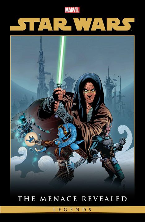 Logo: Marvel, darunter "Star Wars". Illustration: Eine Figur mit grünem Lichtschwert, zwei weitere futuristisch gekleidete Wesen.